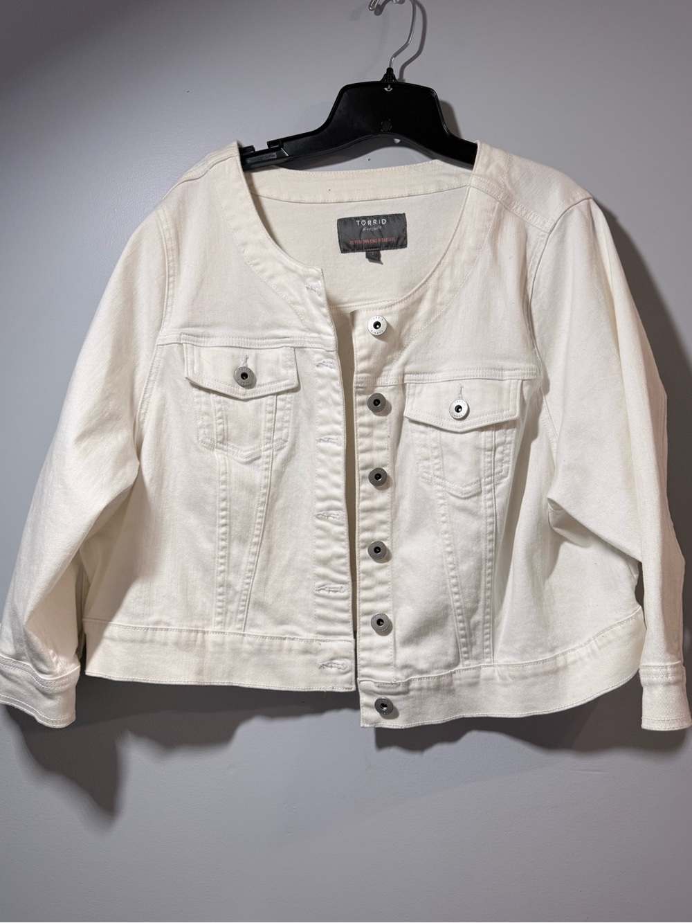 White collarless button denim jacket